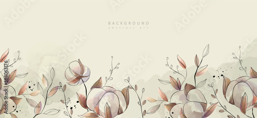 Watercolor bakground with cotton plant. Floral foliage for wedding invitation, wall art or card template. Vector illustration. Luxury rustic trendy