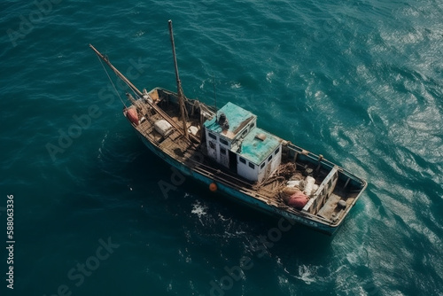 Small sail fishing boat on the sea or oncean viewed from above drone photography shot. Aerial fishing ship view. Ai generated photo