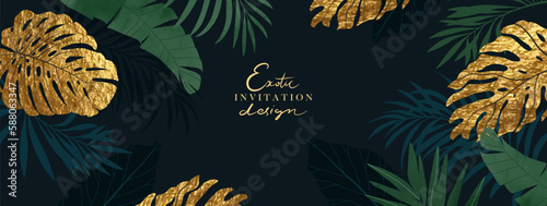 Exotic luxury background, frame, card. Tropical green, blue and golden palm leaves.