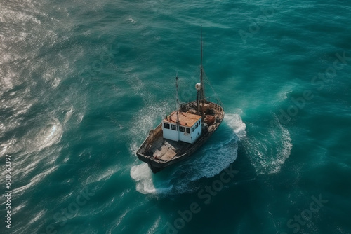 Small sail fishing boat on the sea or oncean viewed from above drone photography shot. Aerial fishing ship view. Ai generated