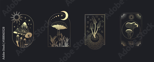 Set of logo with various mystical mushrooms. Hippie magic boho cards. Psychedelic vector illustration. Magic and boho texture. Hand drawn style