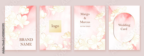 Luxury abstract art botanical composition. Spring minimal design in pink, white and golden shades. Watercolor flowers, plants, leaves, sakura. Cherry blossoms. Design for wedding card, invitation.