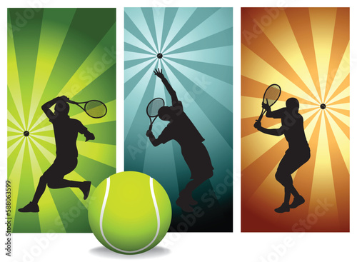 Tennis Player Silhouettes Set 2 - Vector. Mens players with balls on Retro Backgrounds. Easy change colors.  (Check out my portfolio for other silhouettes). 