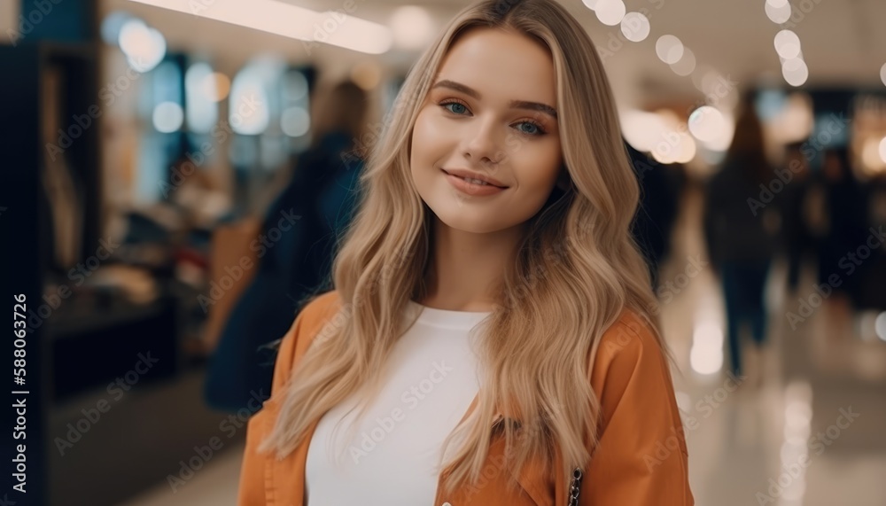 Obraz premium Photo of a smiling young woman with shopping bags in the shopping mall. Generative AI