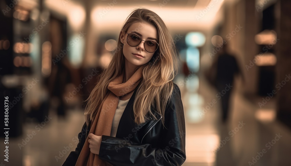 Photo of a smiling young woman with shopping bags in the shopping mall. Generative AI