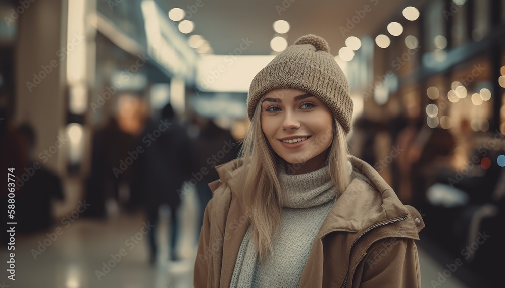 Photo of a smiling young woman with shopping bags in the shopping mall. Generative AI
