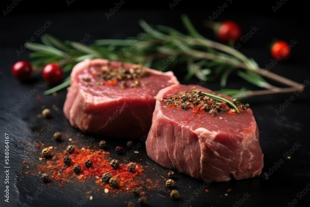 Raw fillet meat on black board with pepper seasoning and green rosemary. Generative AI Raw fillet meat on black board with pepper seasoning and green rosemary. Generative AI