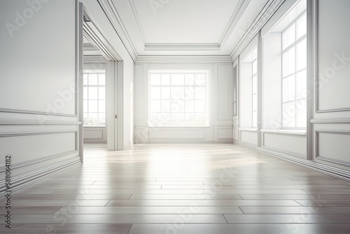 Illustration of an empty white room with blank walls and floors. Generative AI © AkuAku