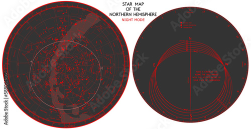 Vector Star map of the Northern hemisphere Night mode red vision For mobile applications and computer software