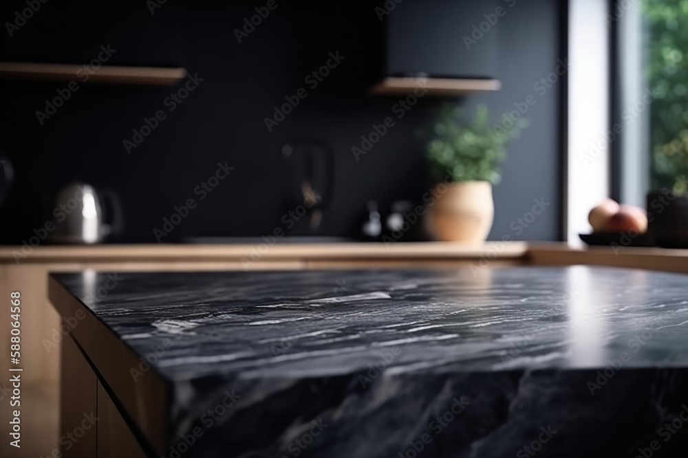 Empty black marble table and blurred white kitchen black wall. Black marble table top on blur kitchen for product display mockup. Generative AI Empty black marble table and blurred white kitchen black wall. Black marble table top on blur kitchen for product display mockup. Generative AI