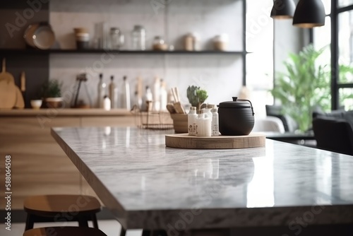 Empty marble table and blurred white kitchen white wall. Wood table top on blur kitchen for product display mockup. Generative AI