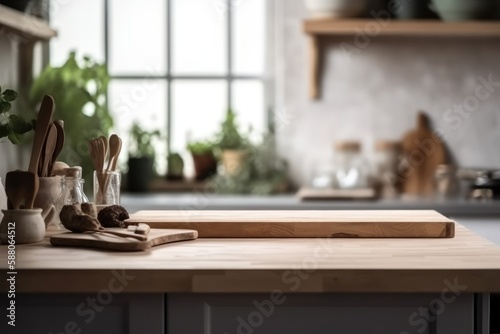 Empty wood table and blurred white kitchen white wall. Wood table top on blur kitchen for product display mockup. Generative AI