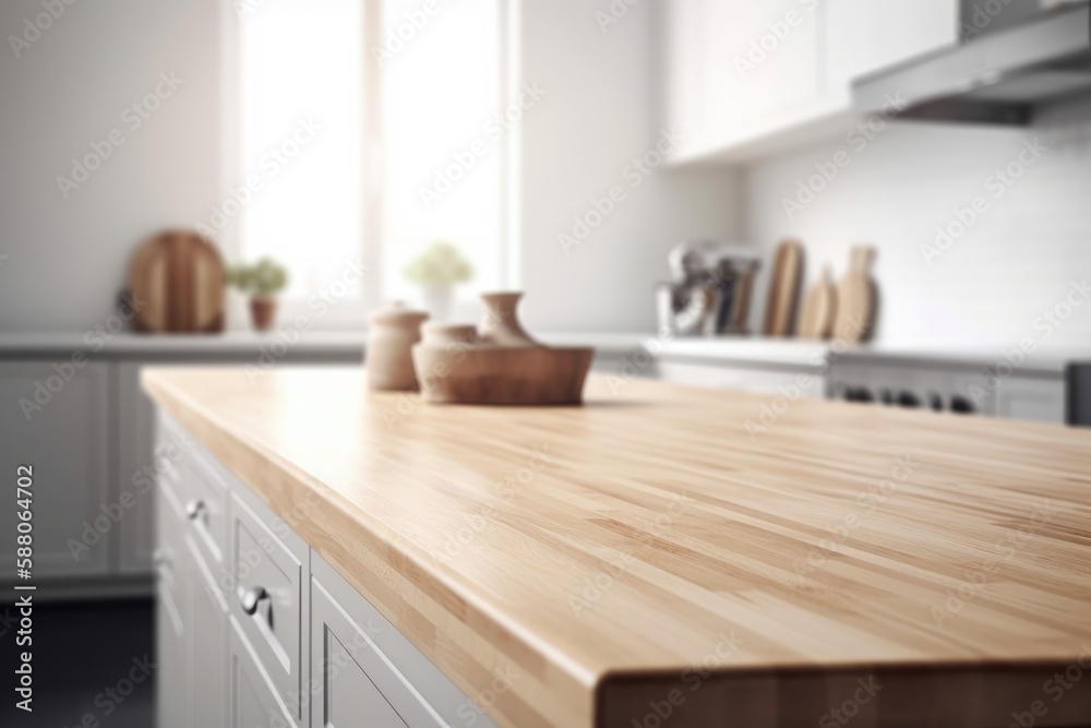Empty wood table and blurred white kitchen white wall. Wood table top on blur kitchen for product display mockup. Generative AI Empty wood table and blurred white kitchen white wall. Wood table top on blur kitchen for product display mockup. Generative AI