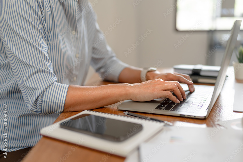 Fototapeta premium Image of woman calculate tax invoice at home, summarizing taxes, money planing..