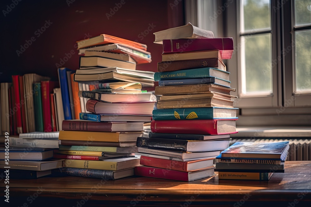 Several stacked books. Generative AI Several stacked books. Generative AI