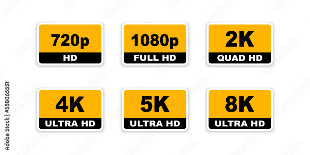 Video dimension labels. Video resolution 720, 1080, 2k, 4k,5k, 8k ...