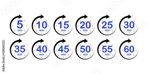 Timer, clock, stopwatch isolated set icons with different time. Countdown timer symbol icon set. Minute timer icons set. Countdown5,10,15,20,25,30,35,40,45,50,55, minutes