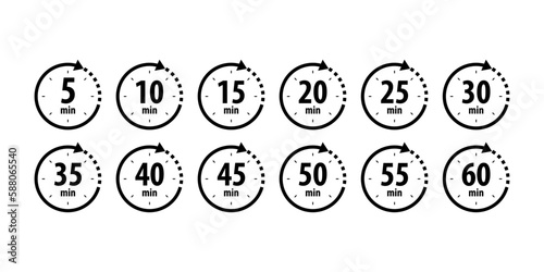 Timer, clock, stopwatch isolated set icons with different time. Countdown timer symbol icon set. Minute timer icons set. Countdown5,10,15,20,25,30,35,40,45,50,55, minutes