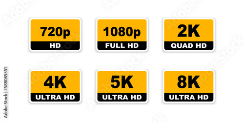 Video dimension labels. Video resolution 720, 1080, 2k, 4k,5k, 8k badges. Quality element. Badges quality. Vector illustration