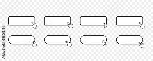 Click here button with hand or mouse cursor. Click blank button with hand pointer clicking icon. Click button. Computer mouse cursor or hand pointer symbol. Set for button website design