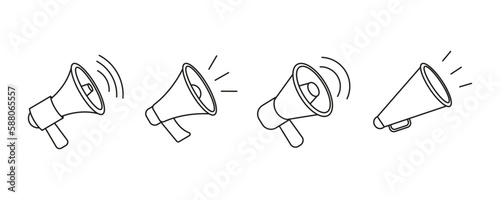 Megaphones icons set. Megaphone icon vector logo design emplate. loudspeaker icon vector. Voice sound speech logo silhouette sign. Set of simple megaphone line icons. Vector illustration