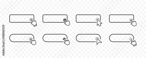 Click here button with hand or mouse cursor. Click blank button with hand pointer clicking icon. Click button. Computer mouse cursor or hand pointer symbol. Set for button website design