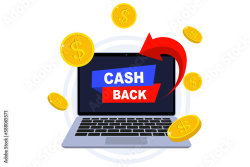 Cash back, money saving vector concept with dollar coins and arrows. Bonus program reward. Online shopping, cash back sale offer emblem, cash back service. Money cashback poster with gold dollar coins
