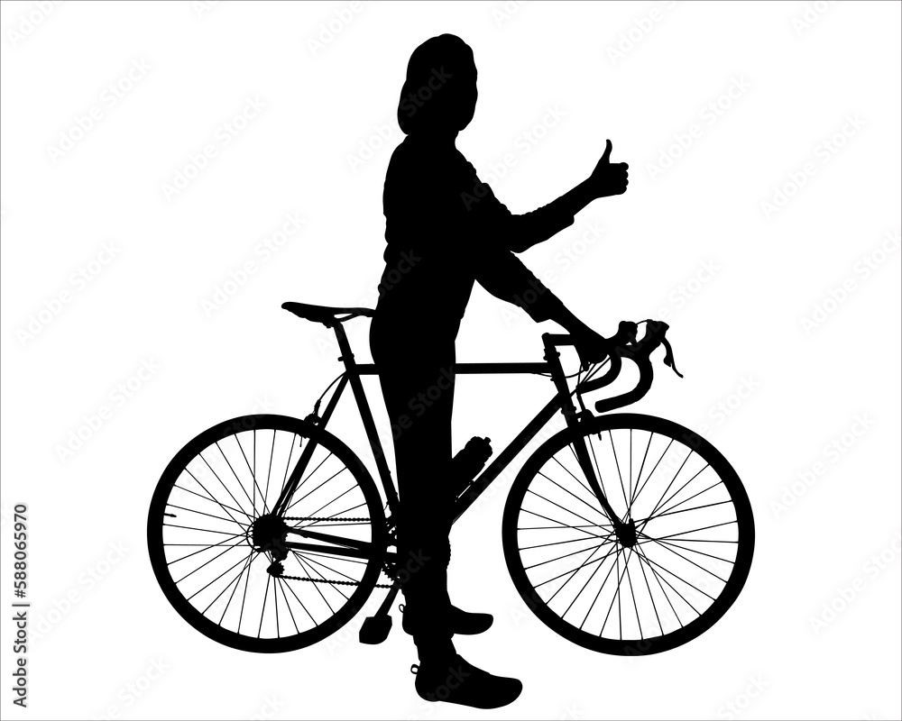 Obraz premium A joyful girl stands near the bike. A woman shows a 