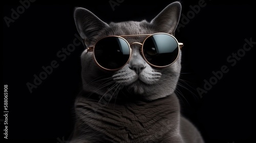 funny studio shot of cool cat wearing sunglasses on gray background with copy space. Generative Ai. © Kowit