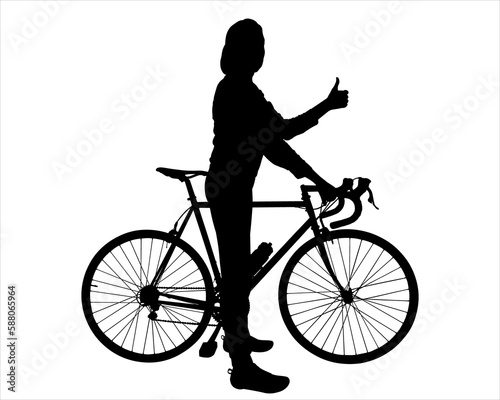 Fototapeta Naklejka Na Ścianę i Meble -  A joyful girl stands near the bike. A woman shows a 