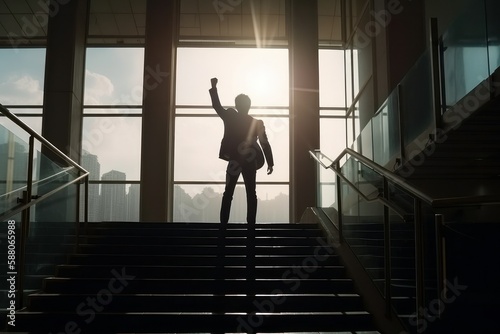 Silhouette of a successful businessman standing on the stairs with raised hands  Generative Ai