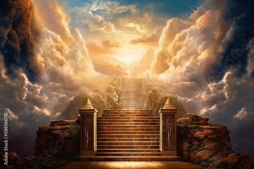 Conceptual image of an entrance to heaven with a stairway leading to heaven or hell, Generative Ai