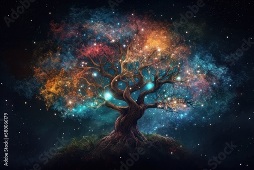 Fantasy tree in the night sky with stars and nebula, Generative Ai
