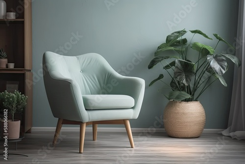 cozy living room with a comfortable chair and a vibrant potted plant. Generative AI