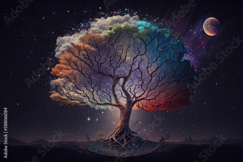 Beautiful magic tree in the night sky. Illustration of a fantasy tree, Generative Ai