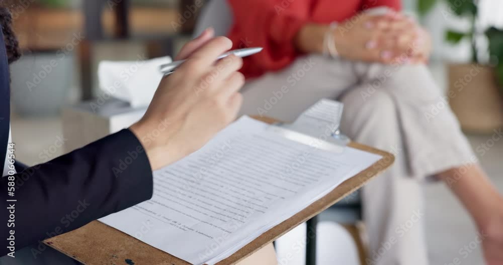 Clipboard, therapist or people hands talking of depression, mental health or counseling advice, support and evaluation. Therapy woman consulting client, checklist assessment and psychology paperwork