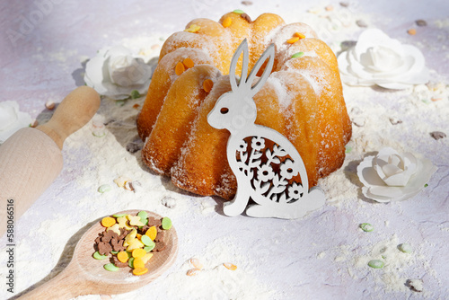Easter cake with bunny on white wooden table , Easter Holiday, Easter food