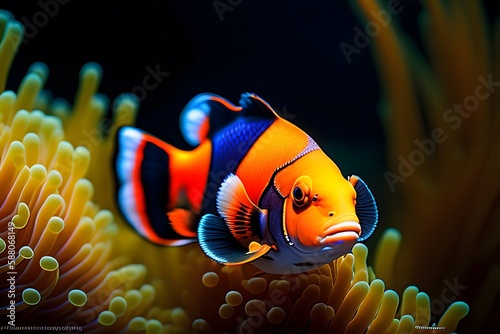 Graphic representation of Close-Up of a Bright Orange Clownfish on a Black Background. Generative AI. 