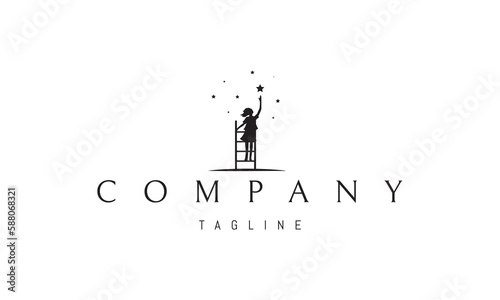 Vector logo on which an abstract image of a child who climbed a ladder to reach the star.