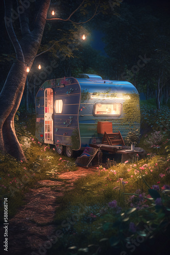 Nature's Reading Room - Mini-Caravan Library in the Woods. Generative AI.