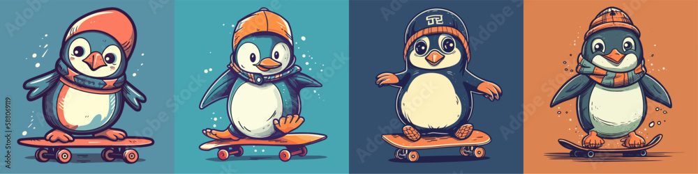 Fototapeta premium Flat color vector of happy penguin on skateboard set collection
