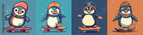 Flat color vector of happy penguin on skateboard set collection