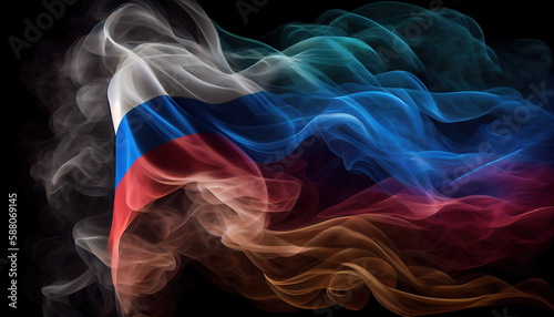 Country Flag of Russia in Explosion or Splashing With White Smoke Wind on Dark Backdrop AI Generative
