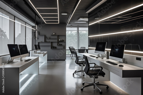 Modern, high-tech office space featuring sleek, minimalist furniture created with AI © thejokercze