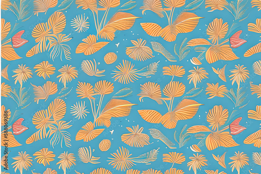 Obraz premium Abstract orange leaves seamless pattern on blue background. Leaf clip texture and pattern. Generative AI.