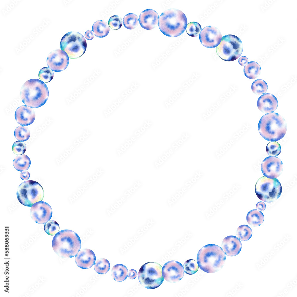 Bubble frame. Pearl necklace. Watercolor illustration on an isolated background. Marine composition. Registration of invitations, postcards, labels. Bubble frame. Pearl necklace. Watercolor illustration on an isolated background. Marine composition. Registration of invitations, postcards, labels.