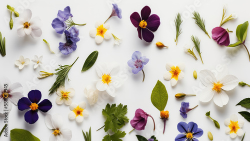 Frühlingsblumen von oben auf weißem Hintergrund