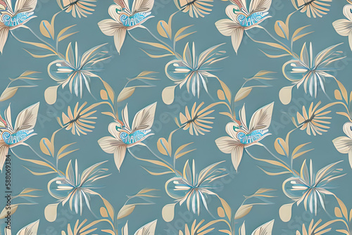 Abstract blue flower and leaves seamless pattern background. Flower and leaf clip illustration texture. Generative AI.