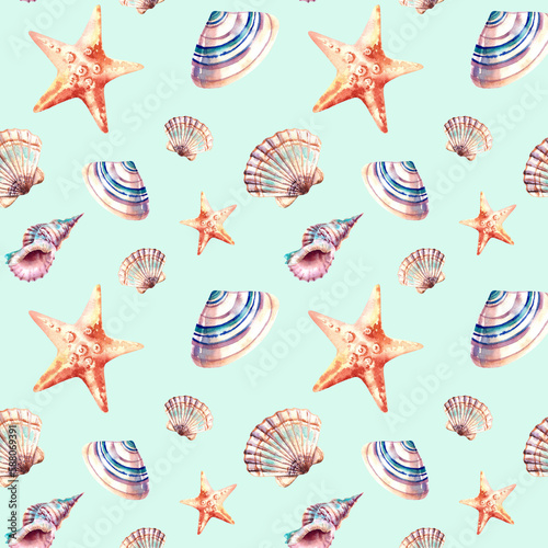 Seamless pattern of marine animals. A composition of shells and stars. Watercolor illustration on an isolated background. Underwater world. Beach holidays.