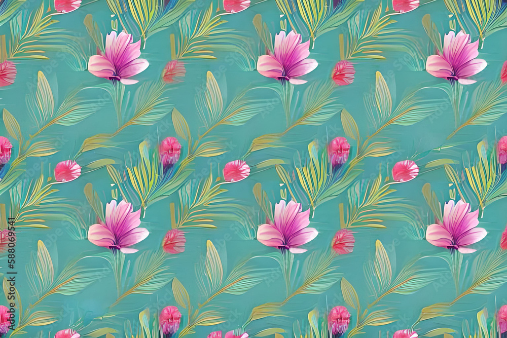 Abstract blue flower and leaves seamless pattern background. Flower and leaf clip illustration texture. Generative AI. Abstract blue flower and leaves seamless pattern background. Flower and leaf clip illustration texture. Generative AI.